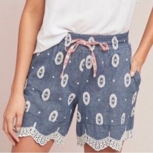 ett:twa Anthropologie Women XS Blue Chambray Eyelet Embroidered Scalloped Shorts